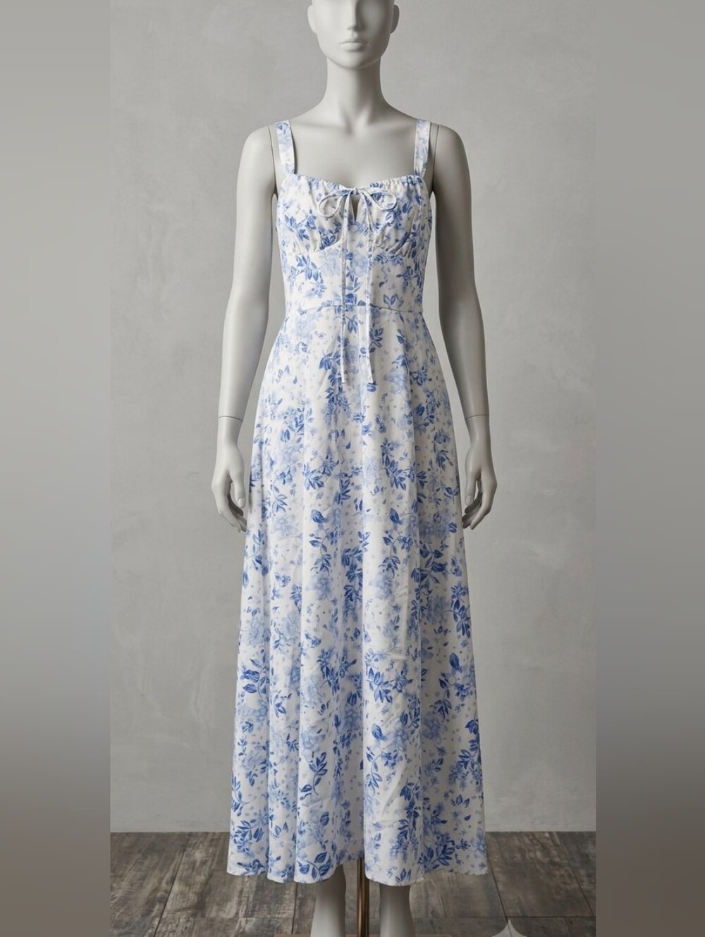 Blue Floral Tie-Front Maxi Dress with Adjustable Straps